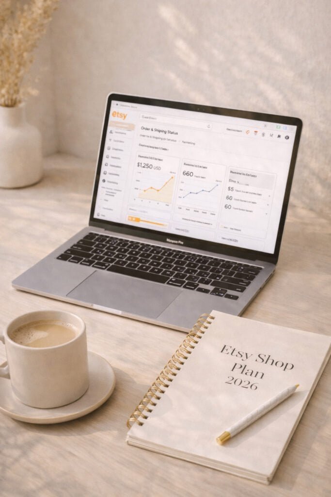 laptop open to an Etsy dashboard with a notebook beside it labeled “Etsy Shop Plan 2026,” neutral modern desk