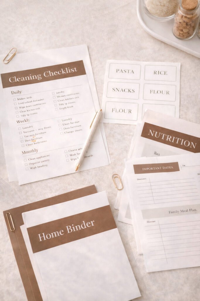 printed cleaning checklist, pantry labels, and home binder pages arranged on a neutral countertop