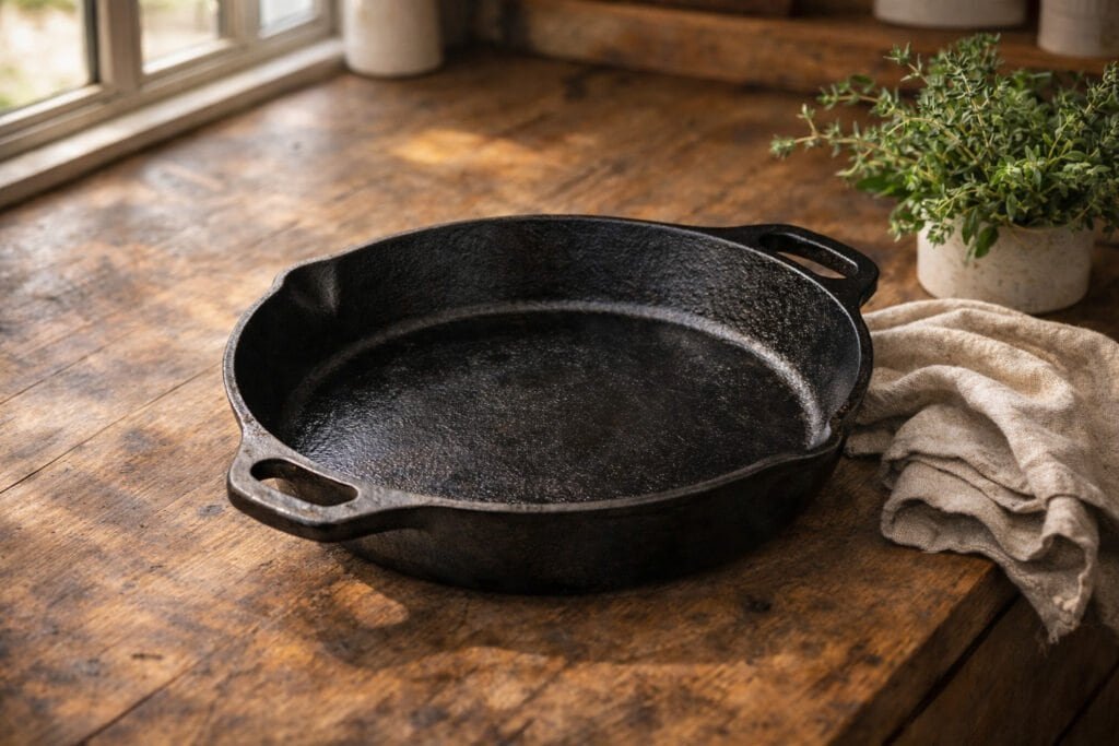 A seasoned cast iron skillet on a rustic wooden countertop styled with fresh herbs and a linen towel in a modern farmhouse kitchen.