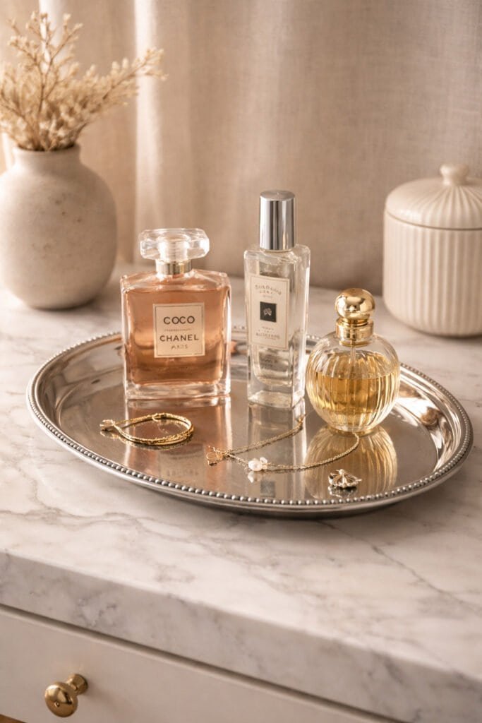 thrifted silver tray styled on a modern vanity holding perfume bottles and jewelry