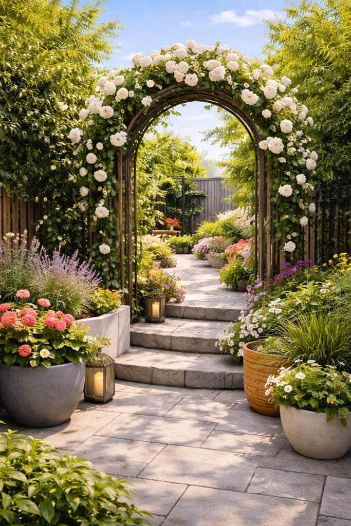 Blooming roses on a garden path