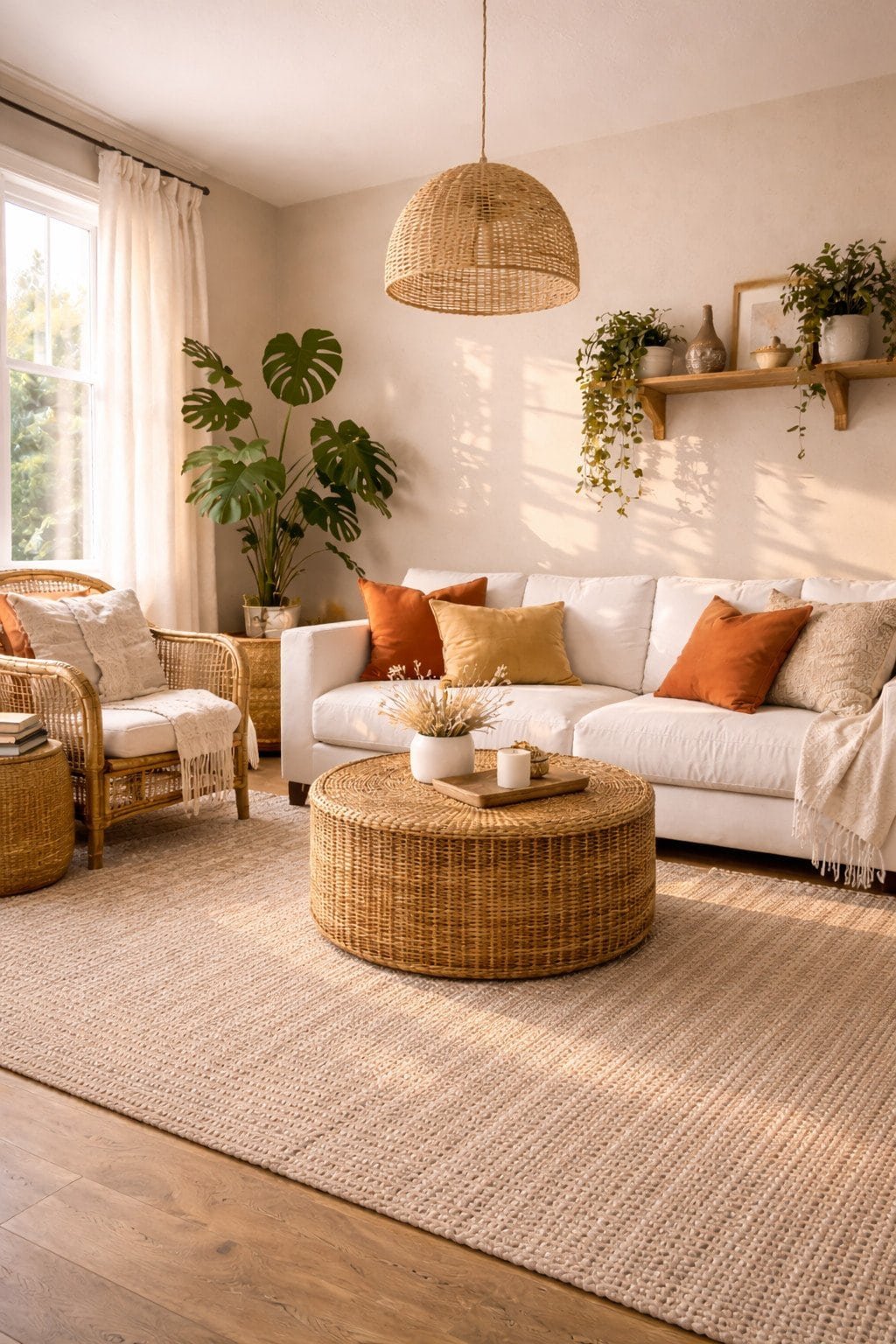 Boho living room with warm sunlight