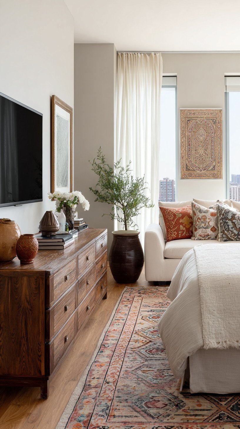 Boho-style one-bedroom apartment with layered global textiles, featuring a patterned kilim, low wood media console 