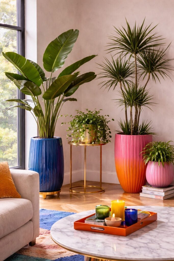 Bright living room with vibrant plants