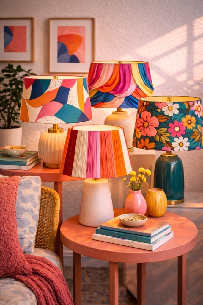 Colorful lamps brighten cozy living space