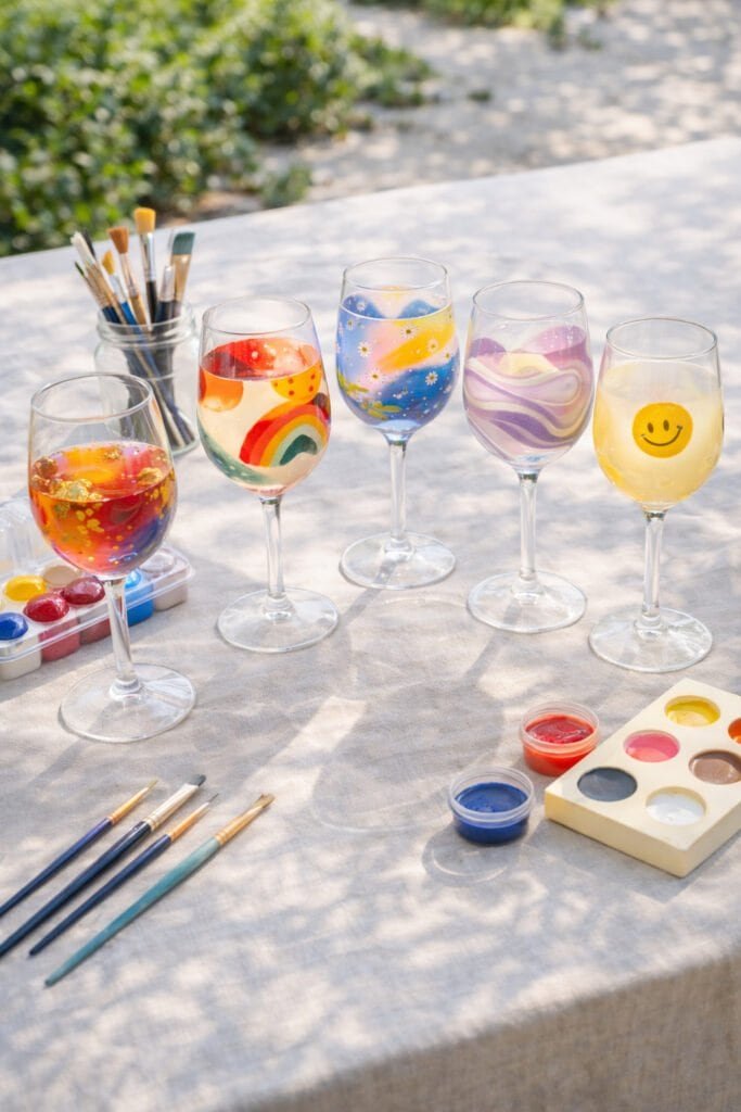 Colorful painted wine glasses on table