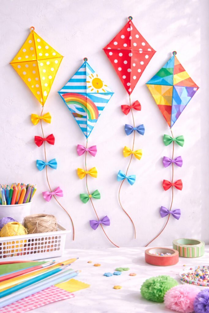 Colorful paper kites and craft supplies