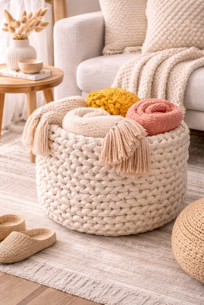 Cozy living room corner with blankets