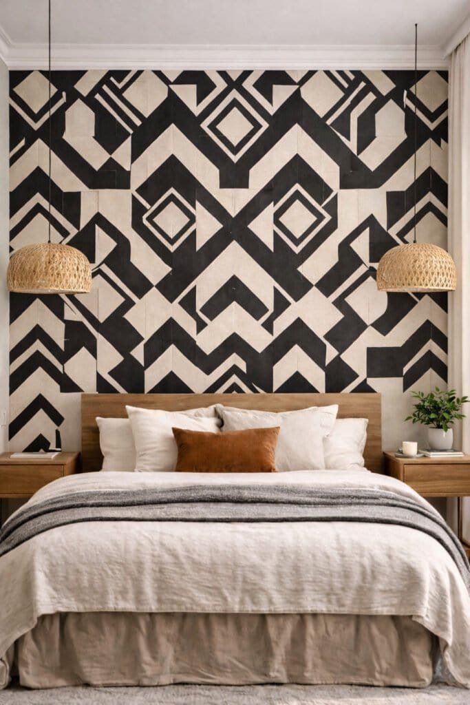 Modern bedroom with geometric accent wall