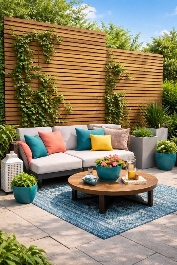 Modern wooden outdoor patio with vibrant accents