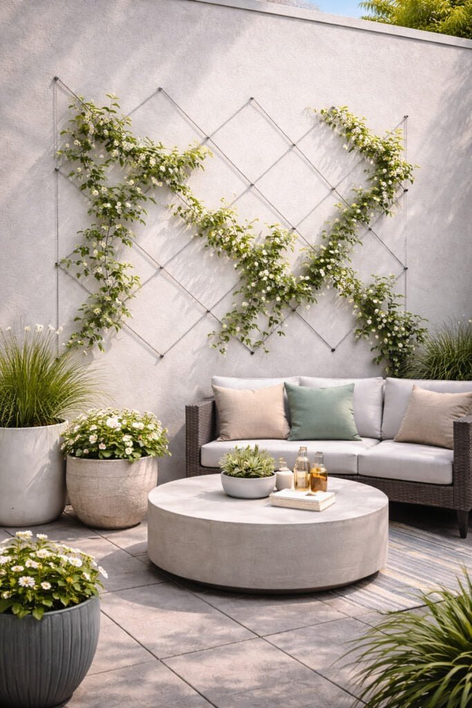 Modern patio with climbing vines