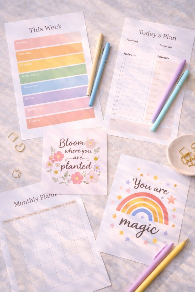 Pastel-planner flat lay with motivational art