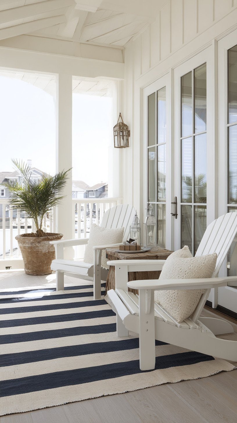 Coastal cabana-style outdoor seating with navy and white striped rug, white Adirondack chairs