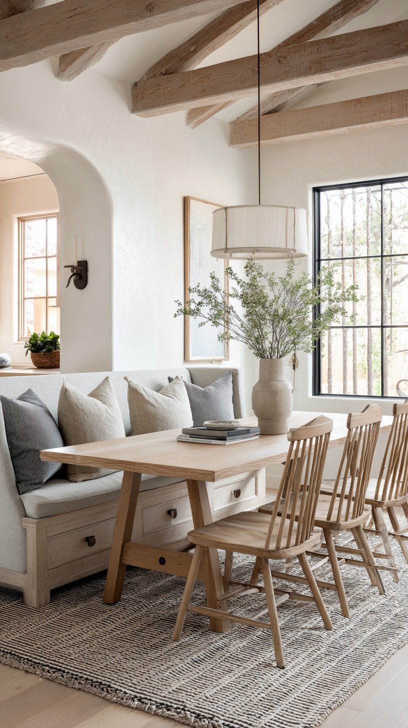 Scandinavian rustic dining room with a light oak trestle table as the centerpiece, mixed seating with simple spindle-back wooden chairs and a padded bench with neutral upholstery
