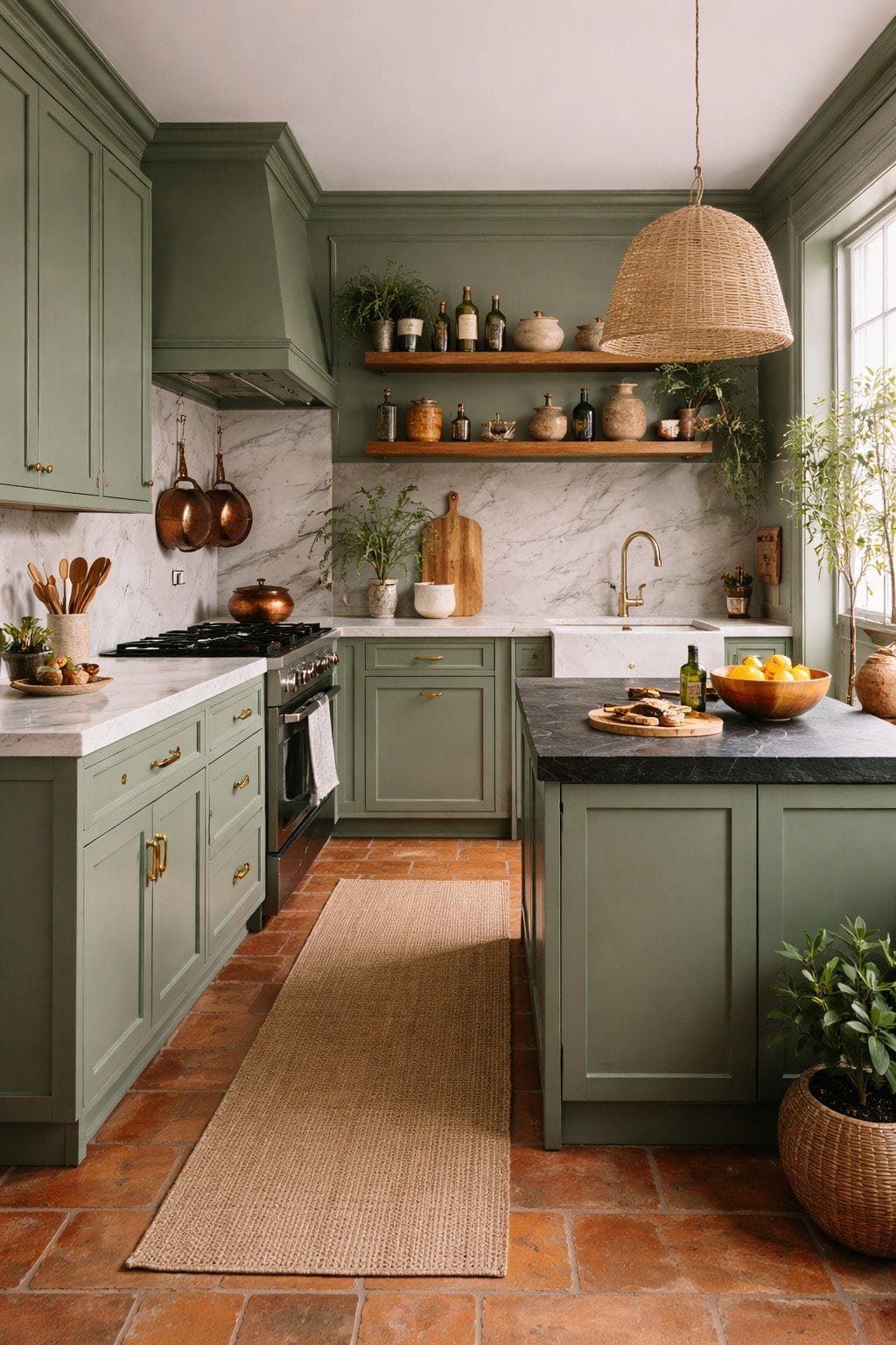 9:16 editorial image of a sage green kitchen with color-drenched cabinetry, terracotta tile flooring, aged copper and brass hardware, open shelves with pottery and olive oil bottles, marble or soapstone countertops with visible veining, warm natural textures, bright natural light enhancing soft green tones, clean modern farmhouse aesthetic, Pinterest-worthy, no people