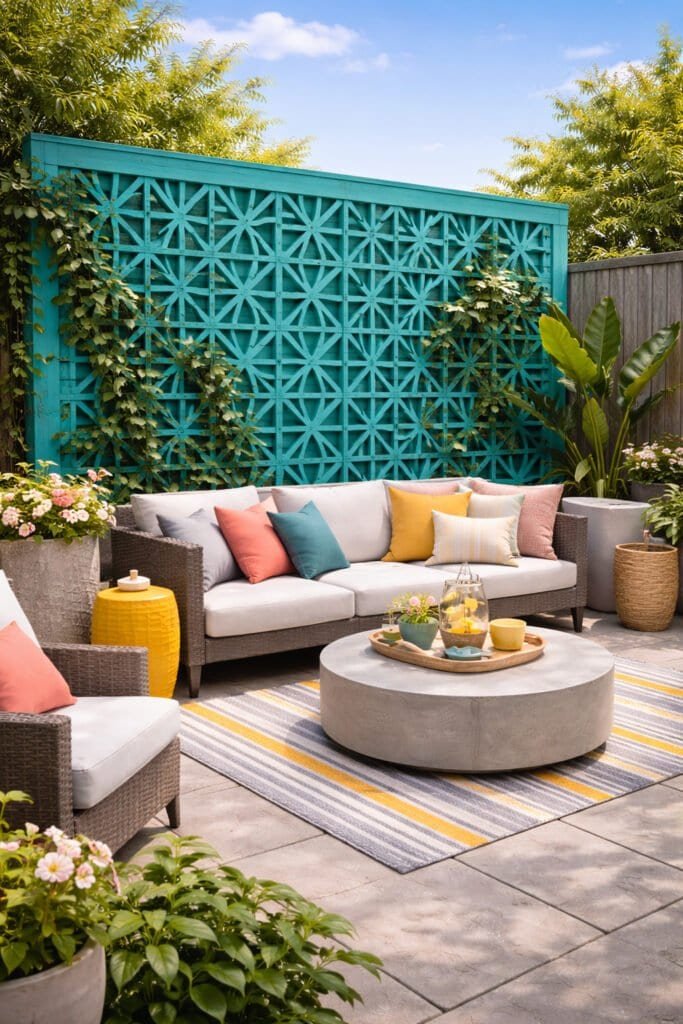 Vibrant patio with turquoise trellis
