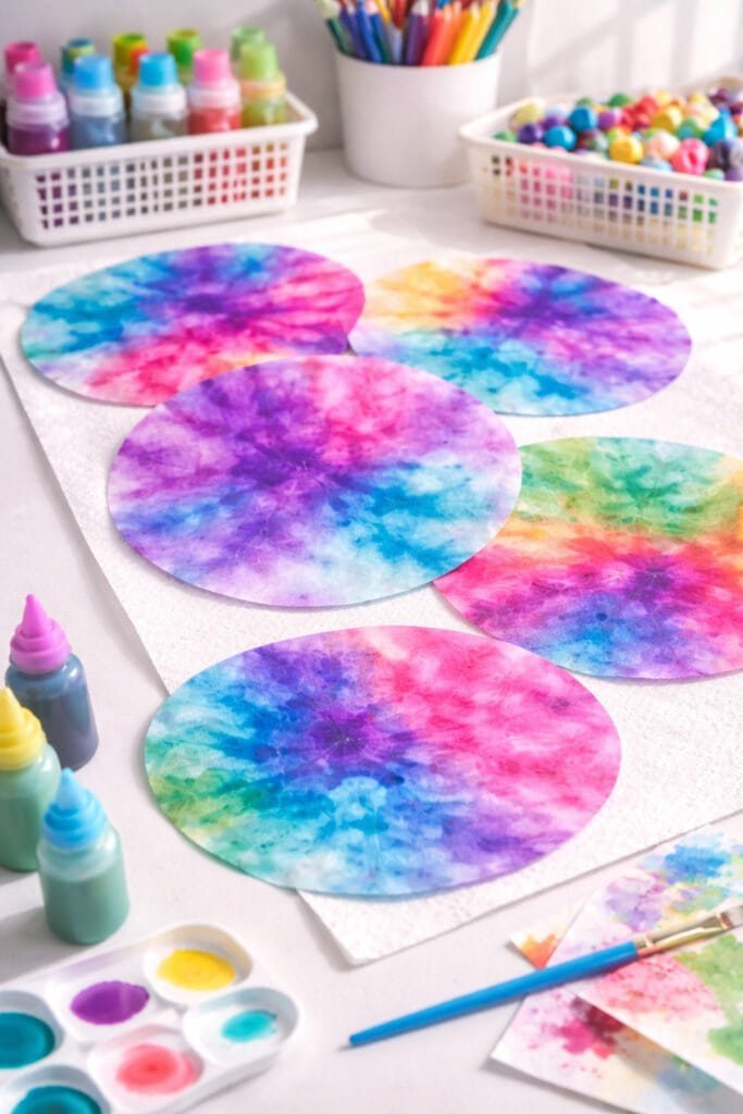 Vibrant tie-dye coffee filters drying