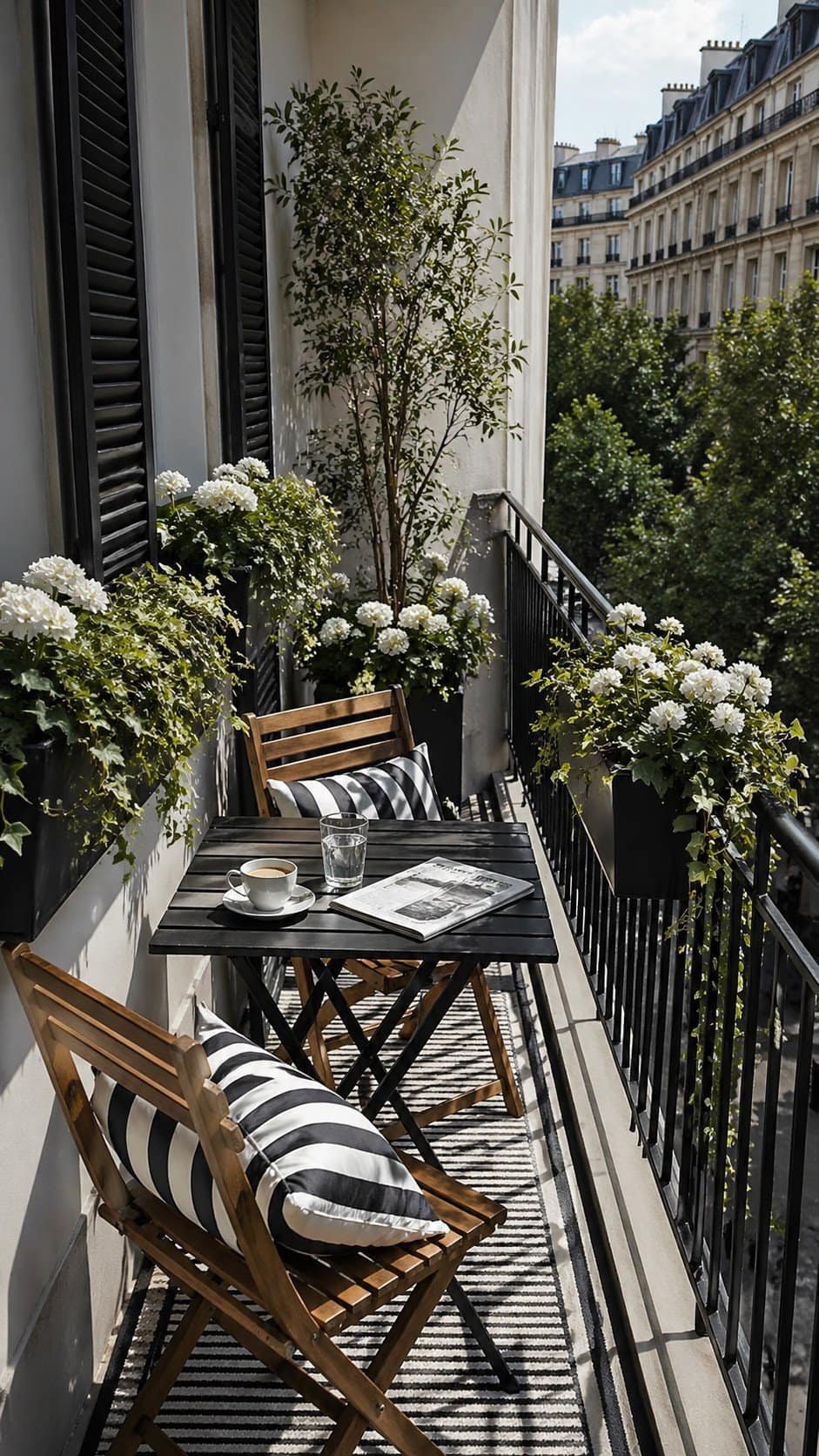 small balcony with foldable bistro table and teak chairs