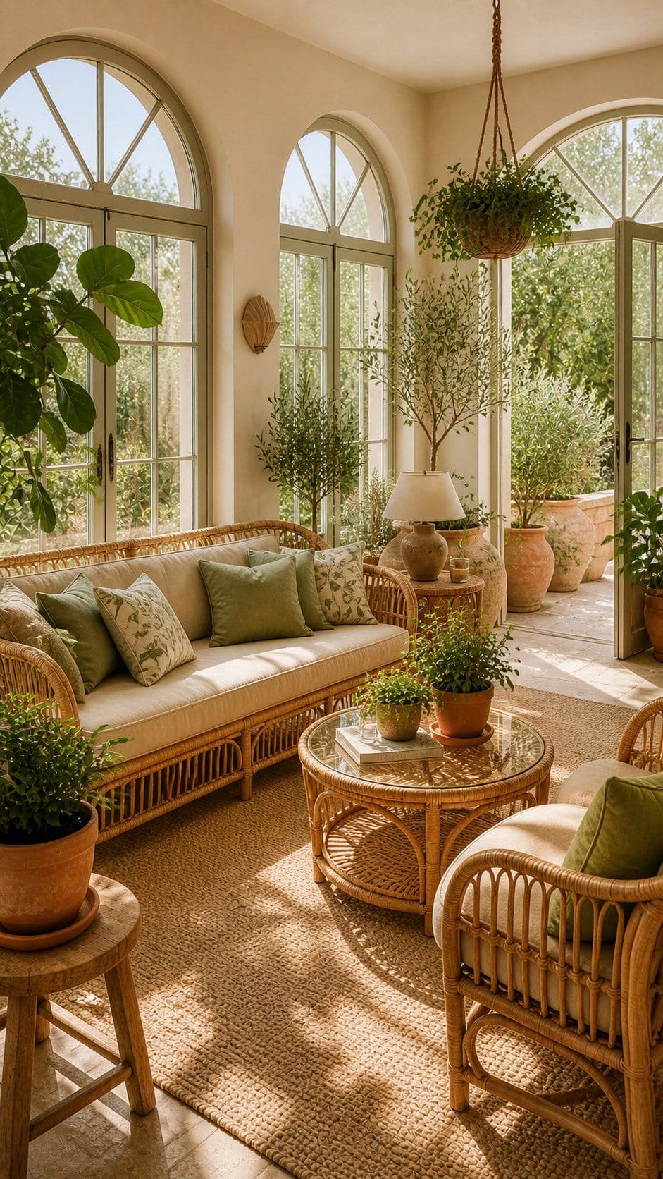 Boho sunroom with lush plants