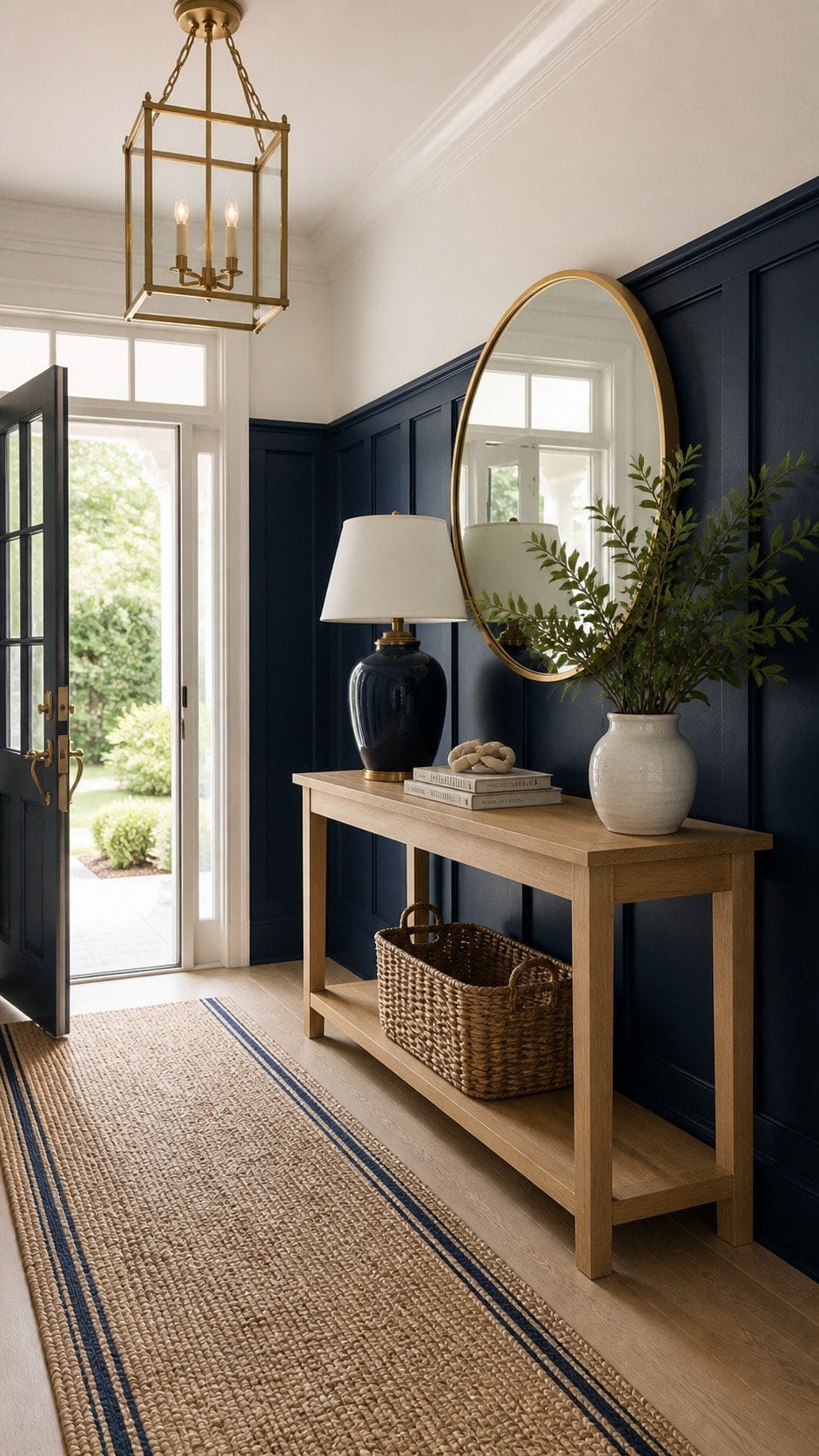 Bright foyer with navy and brass accents