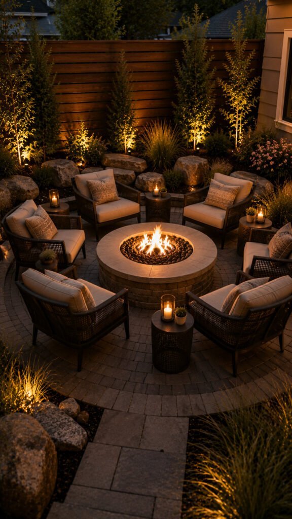 Cozy evening patio with fire pit