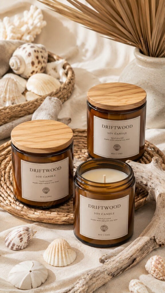 Coastal driftwood candle vignette