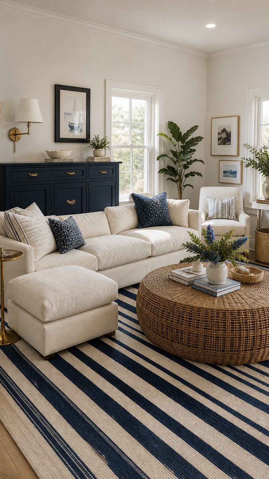 Coastal-inspired living room with warm details