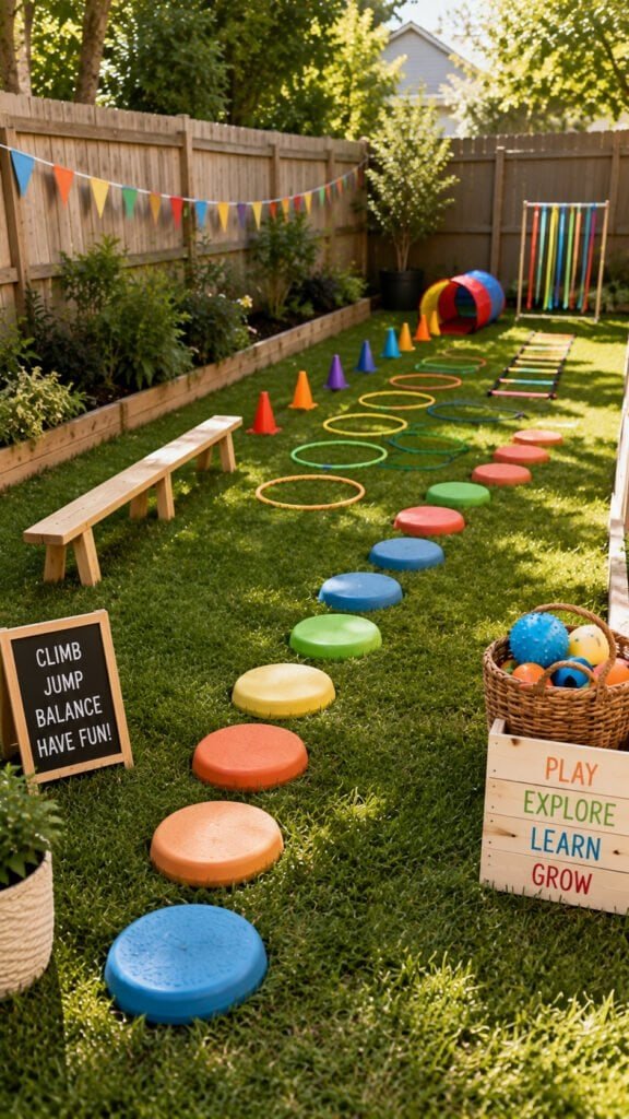 Colorful kids obstacle course in backyard