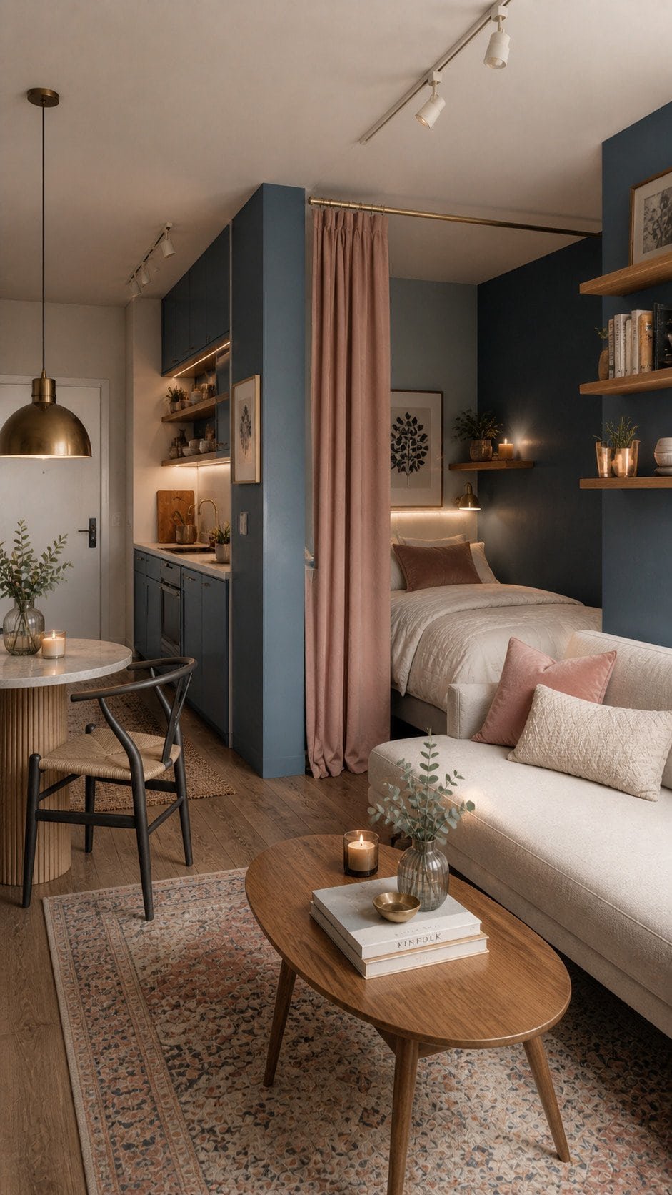 Cozy Scandinavian studio with warm accents