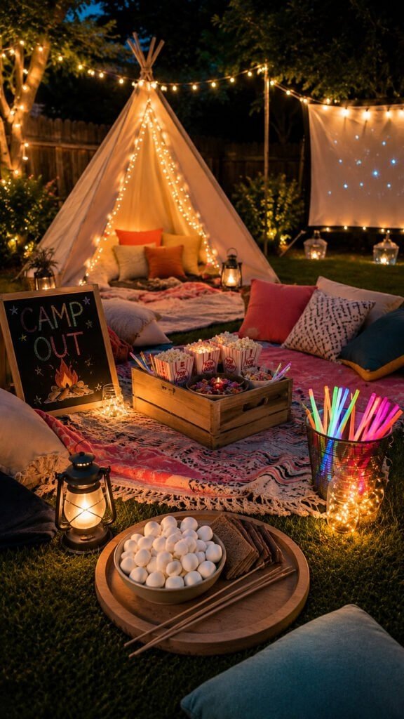 Cozy backyard campout under the stars
