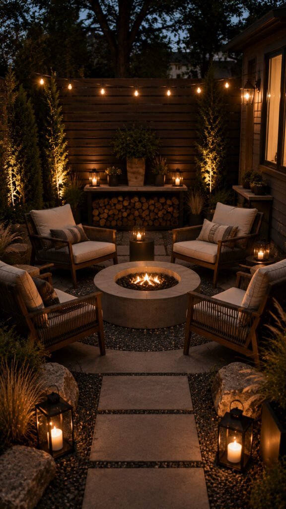 Cozy backyard patio at dusk
