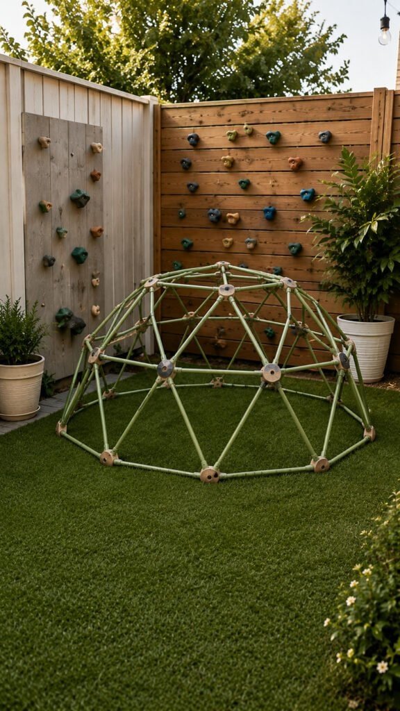Cozy backyard play area with climbing dome