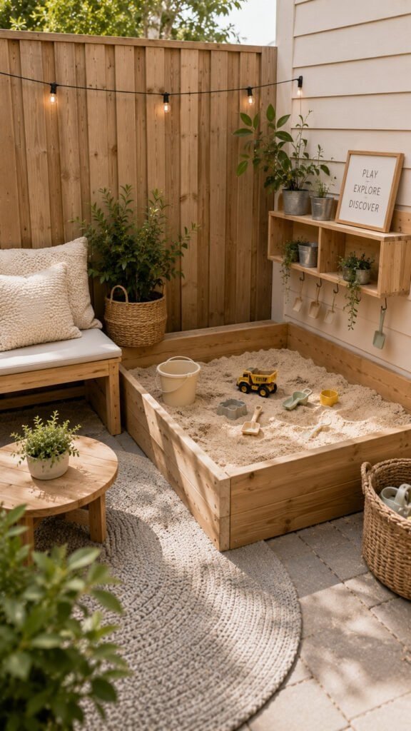 Cozy backyard sandbox play area