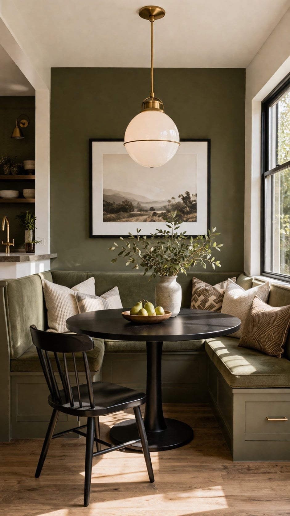 Cozy breakfast nook with brass accents
