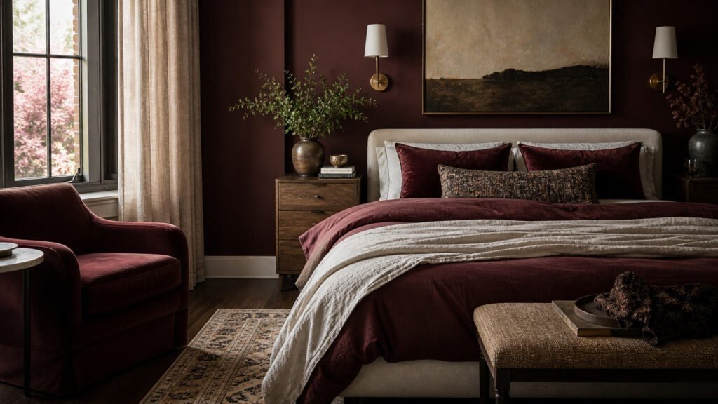 Cozy burgundy bedroom with elegant details - title