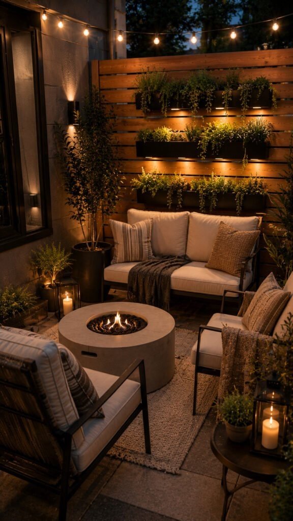 Cozy evening patio with warm lights