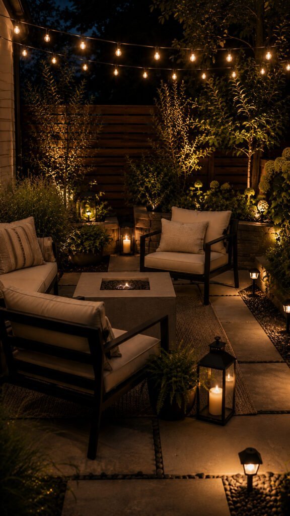 Cozy garden patio at night