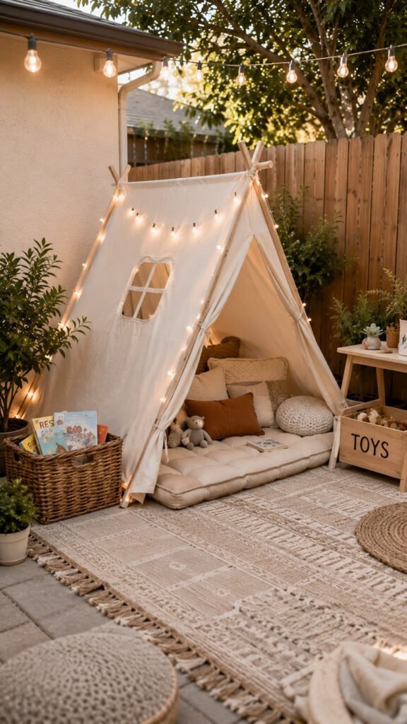 Cozy kids' teepee nook outdoors