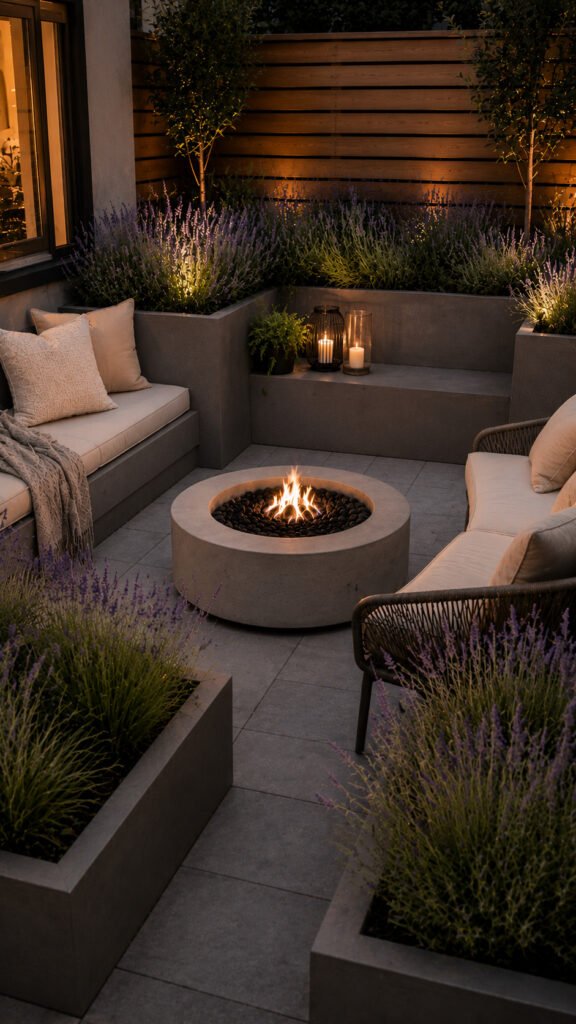 Cozy modern garden retreat at dusk