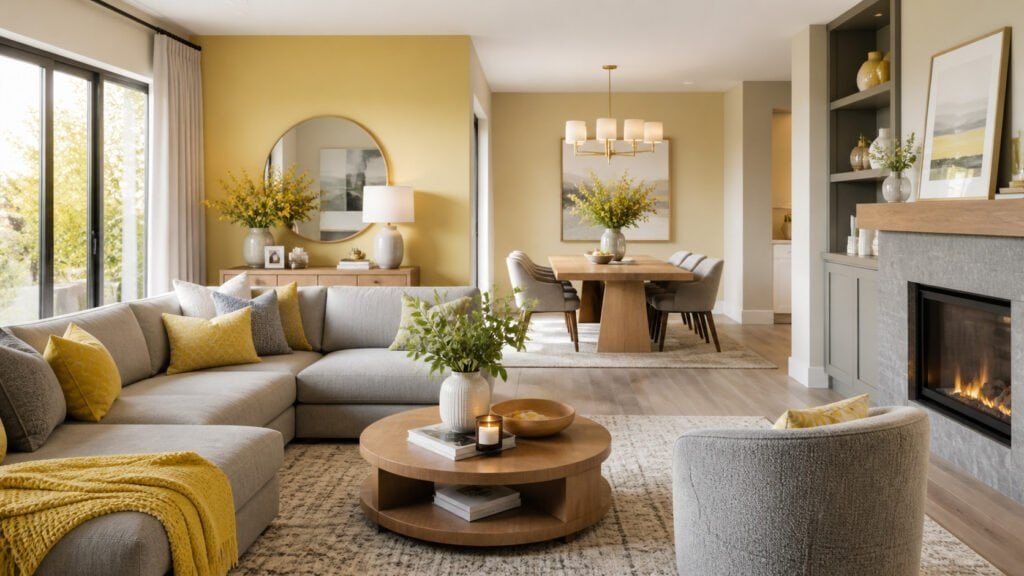 Cozy modern living with yellow accents