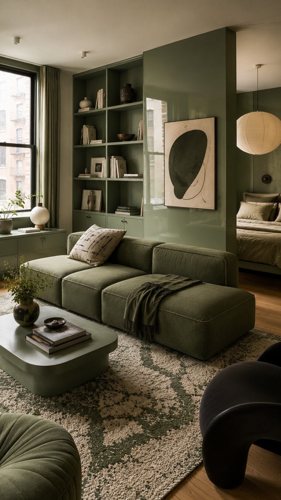 Cozy modern studio with earthy greens