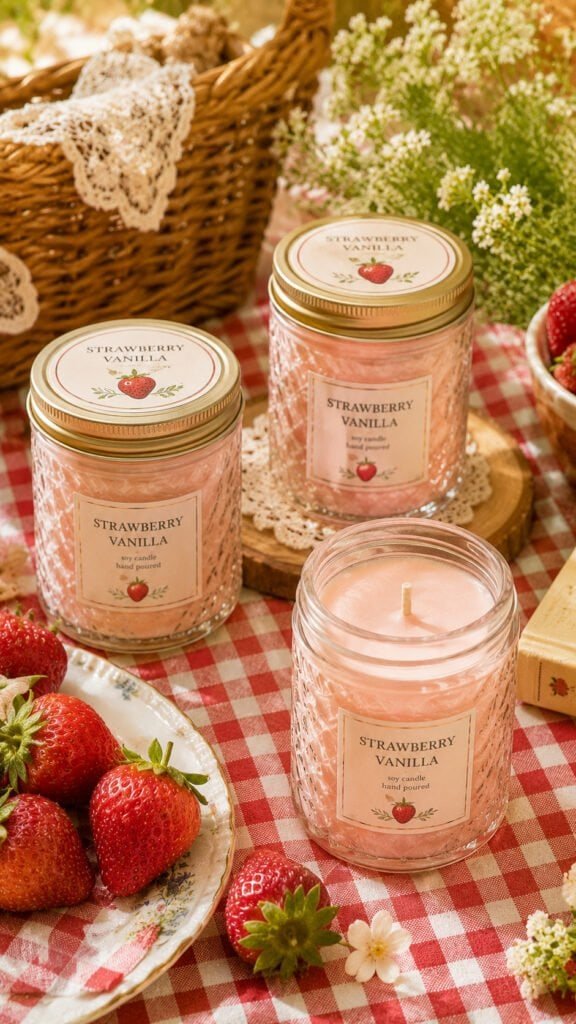 Cozy picnic with strawberry candles and blooms