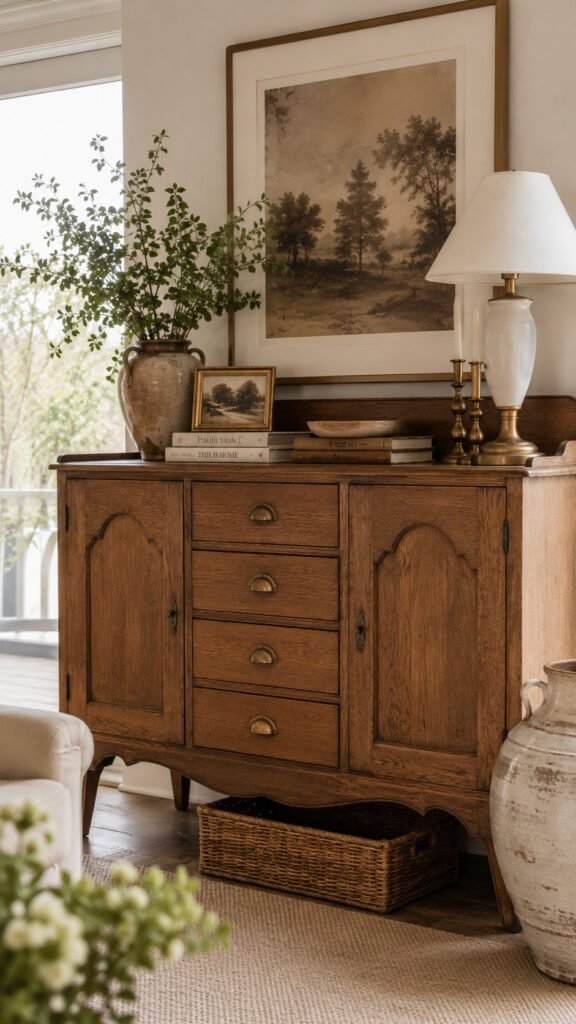 Cozy rustic living space vignette
