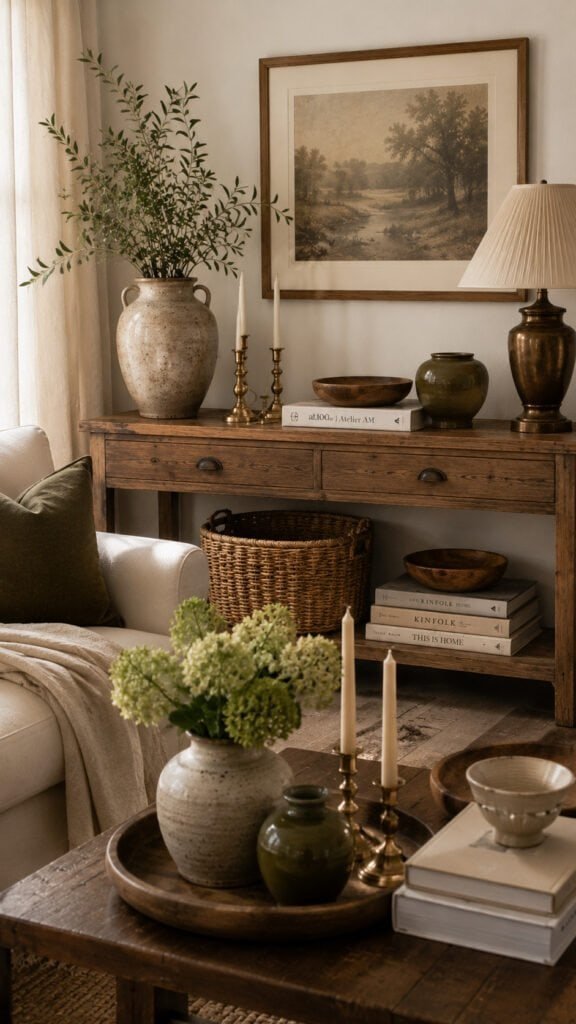 Cozy sunlit living room vignette