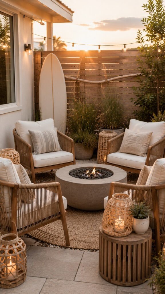 Cozy sunset patio with string lights