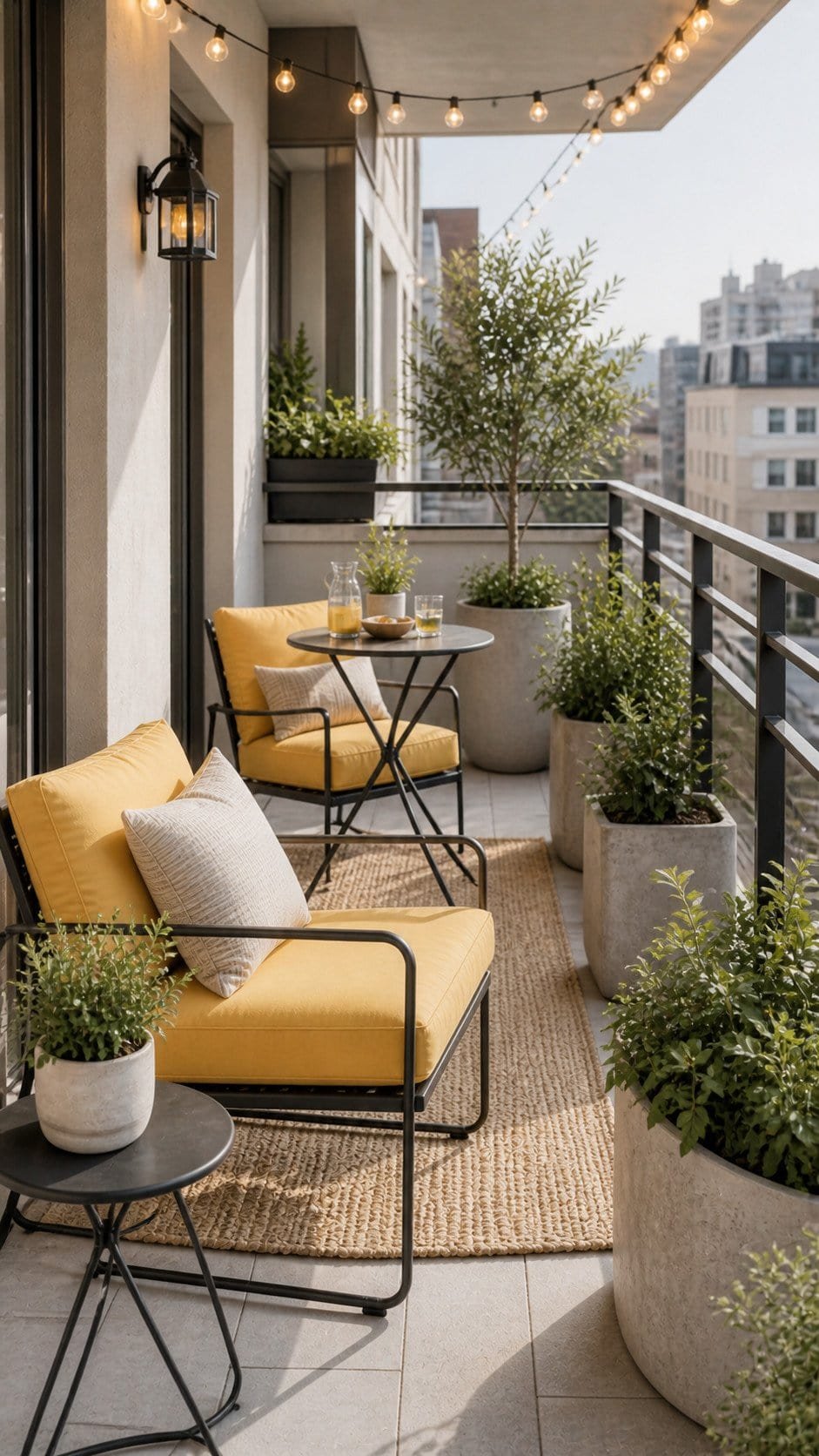 Cozy urban balcony retreat with greenery