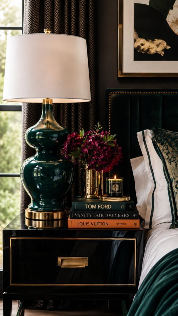 Elegant bedroom vignette with moody lighting
