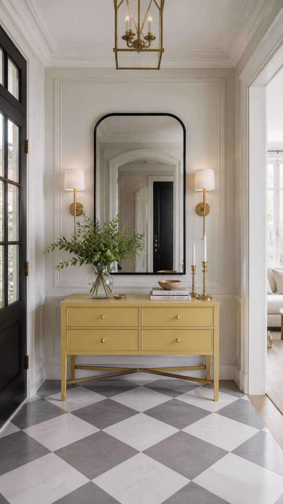 Elegant foyer with brass accents console