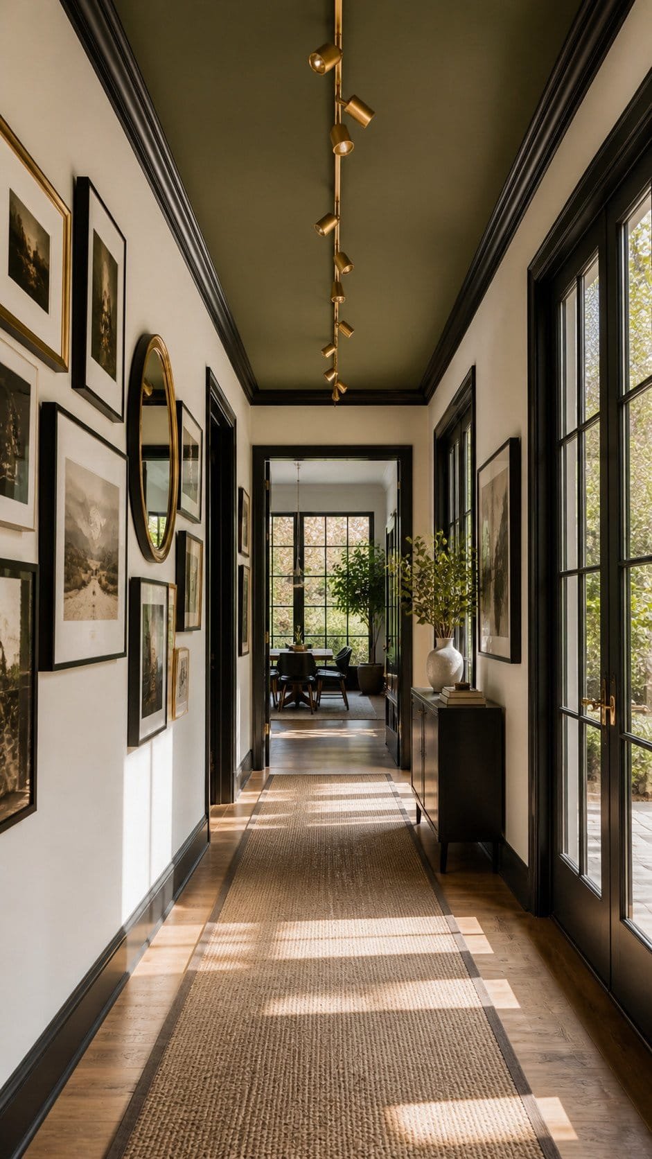 Elegant hallway with gallery wall and light