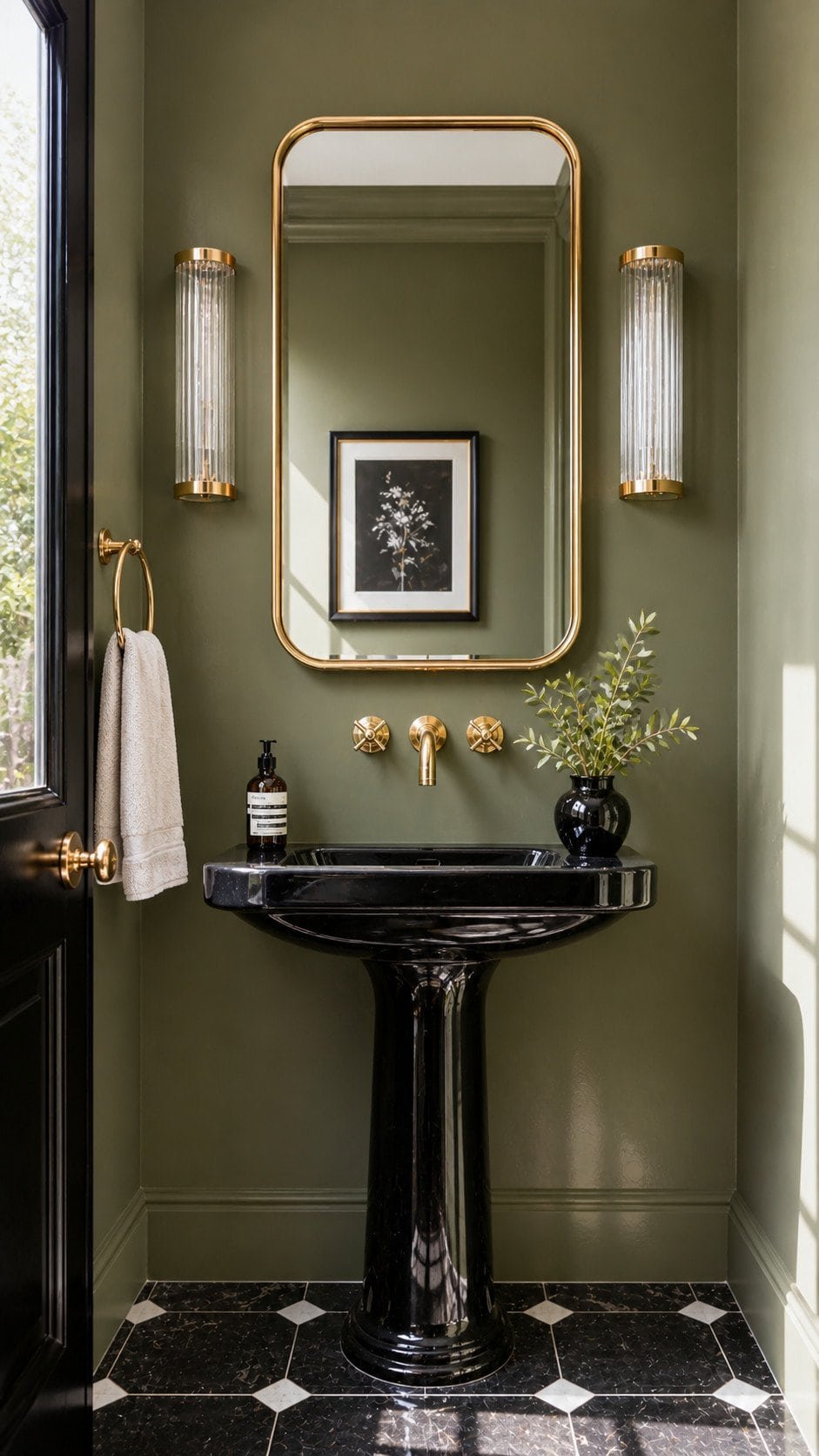 Elegant modern bathroom with brass accents.
